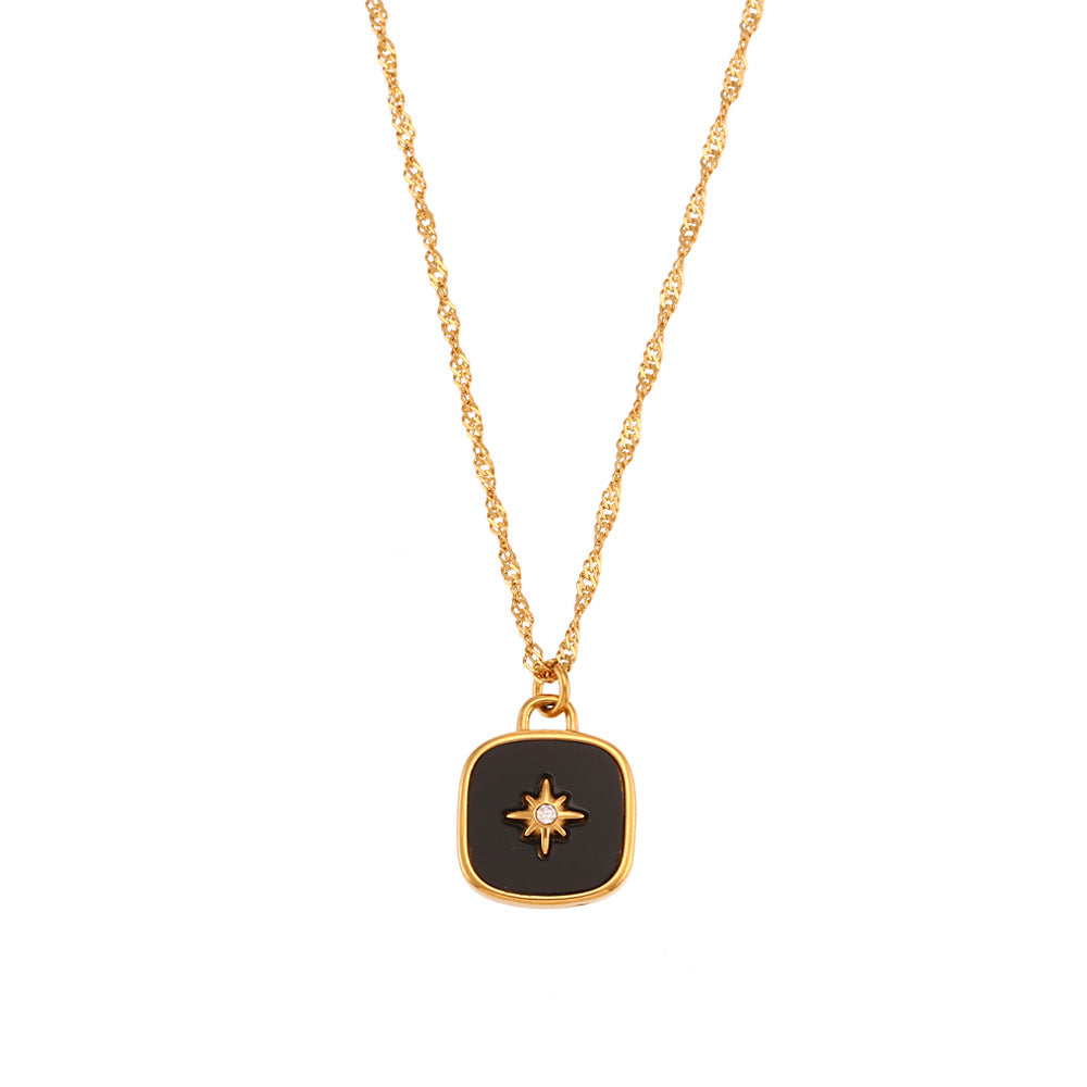 Minimalist Fashion Stainless Steel Octagram Shell Square Pendant Necklace for Women