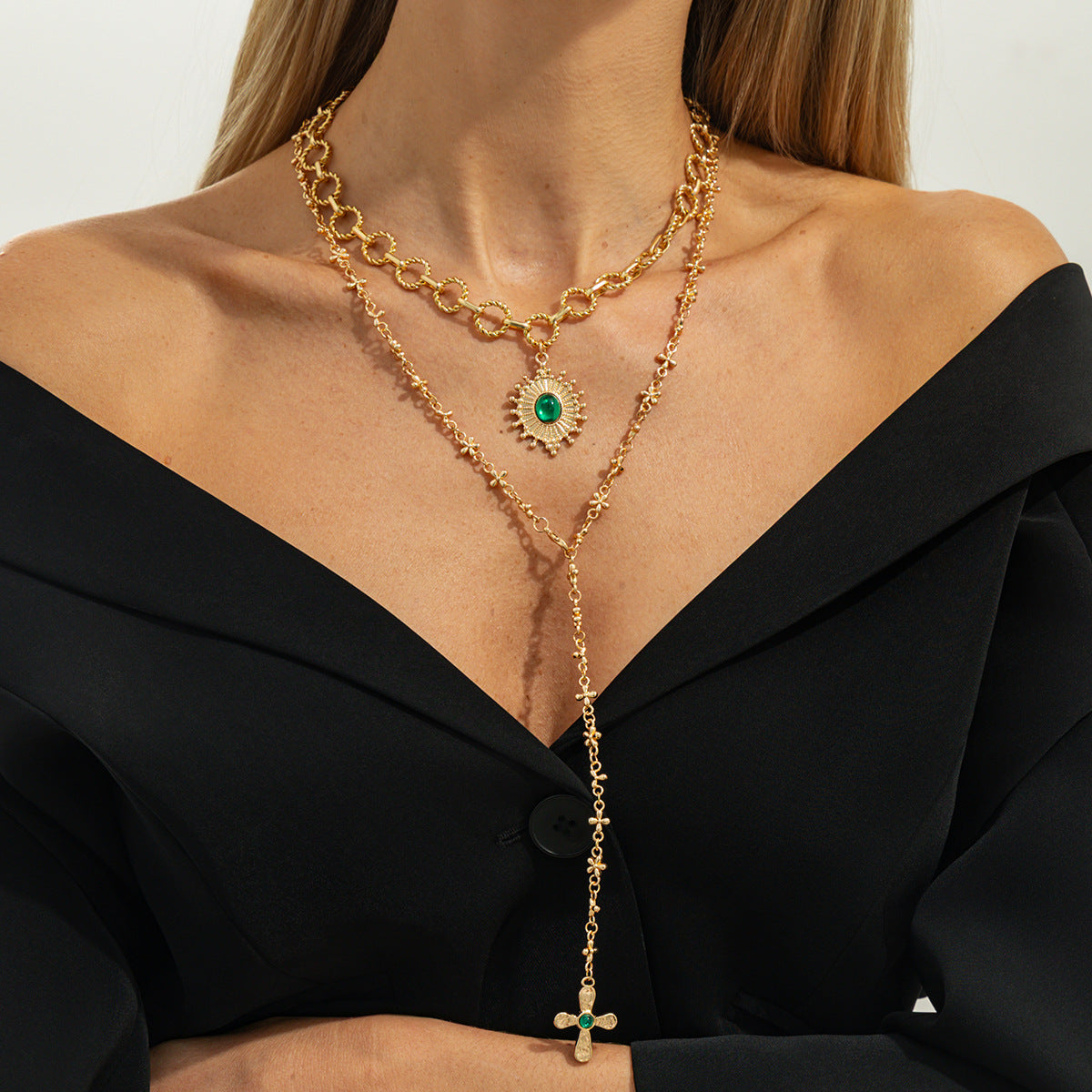 Luxury Plated Alloy Gemstone Geometric Cross Pendant Y-Shape Multi-layer Necklace for Women