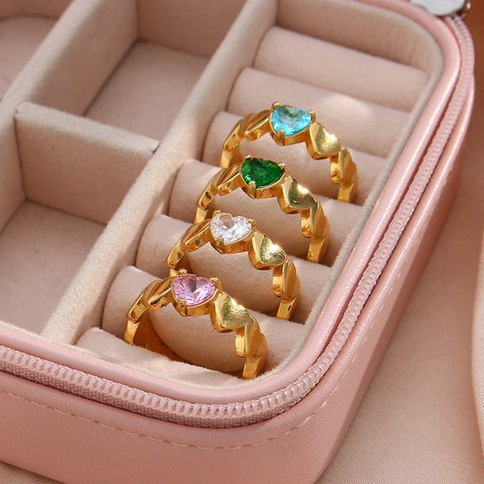 Minimalist Geometric Heart-Shaped Zirconia Ring in Stainless Steel with 18K Gold Plating for Women
