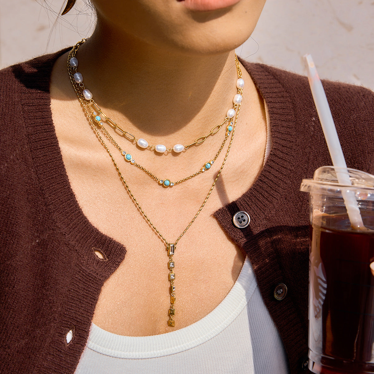 Minimalist Geometric PVD Titanium Steel Necklace with Cubic Zirconia for Women