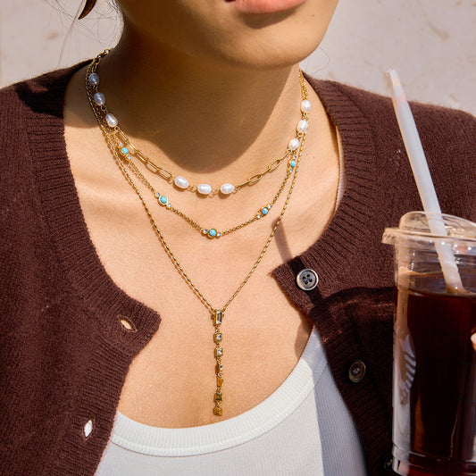 Minimalist Geometric PVD Titanium Steel Necklace with Cubic Zirconia for Women