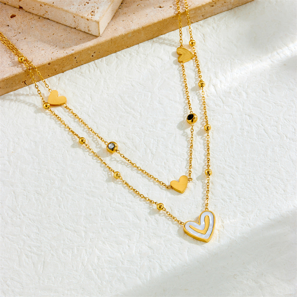 Minimalist Elegant Gold Plated Stainless Steel Heart Rhinestone Necklace with Layered Cable Chain for Women
