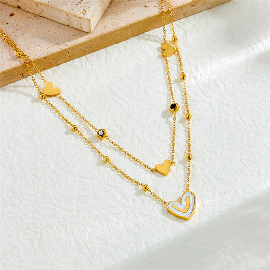 Minimalist Elegant Gold Plated Stainless Steel Heart Rhinestone Necklace with Layered Cable Chain for Women