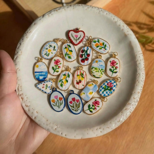 Vintage Plated Brass Ceramic Mushroom Heart Floral Charm Bar