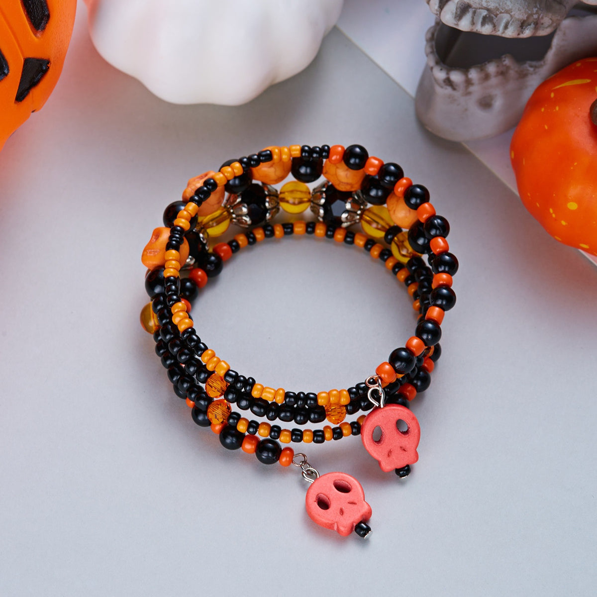 Gothic Skull Beaded Bracelet Red and Black Contrast Cartoon Pattern Glass Ball Chain Unisex