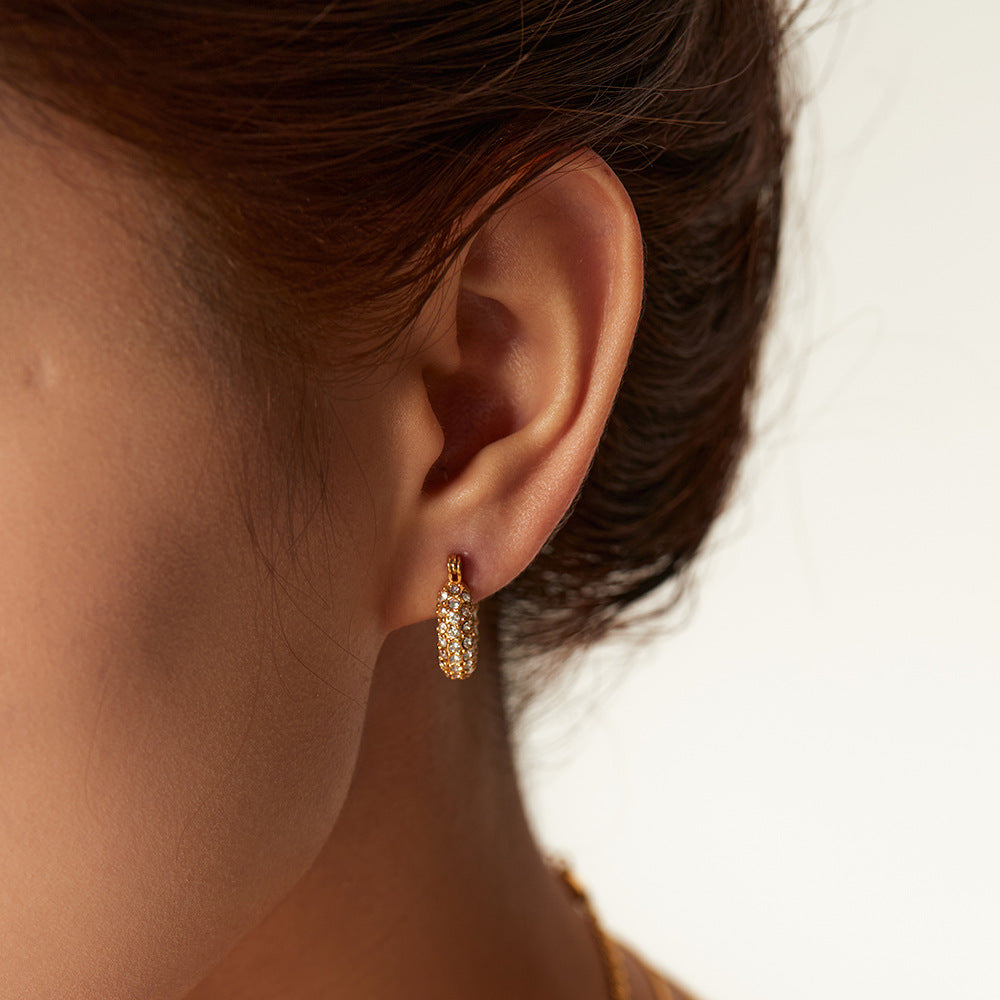 Minimalist Geometric Stainless Steel Hoop Earrings with 18K Gold Plating and White Square Cubic Zirconia Inlay