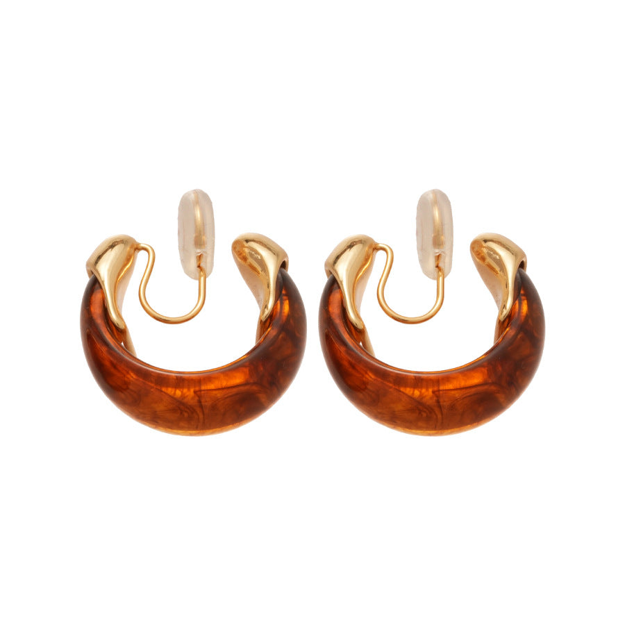 Retro Mahogany Style U-Shaped Resin Clip-On Earrings for Women with Plated Finish Lightweight Luxury Ear Jewelry