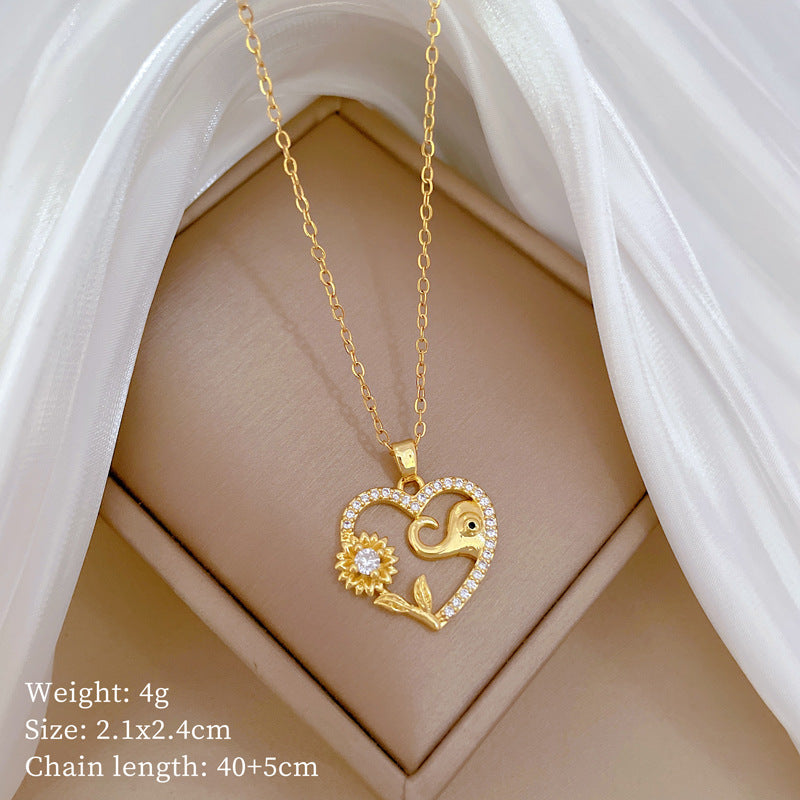 Four-Leaf Clover Rhinestone Pendant Necklace for Women Titanium Steel Irregular Chain Shell Locket Floral Style