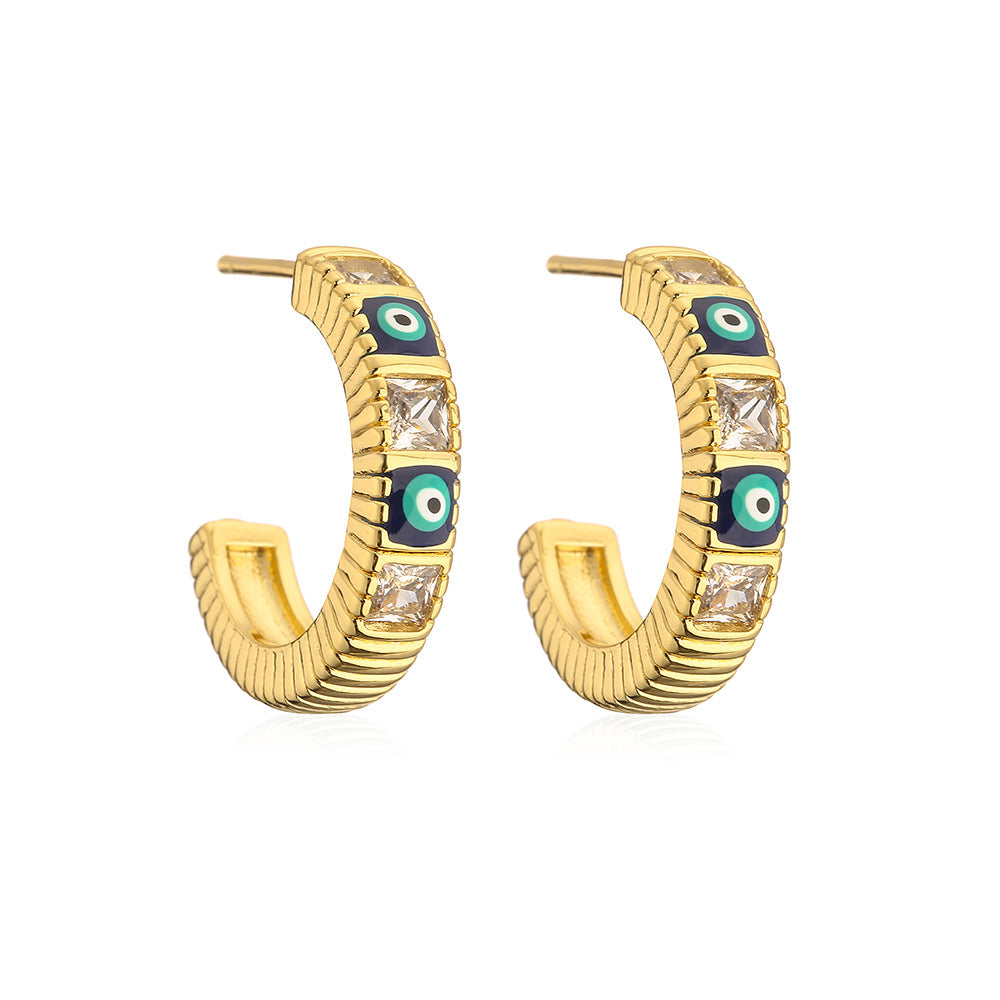 Vintage Geometric Eye-Shaped Copper Earrings with Gold Plating and Enamel Detail for Women