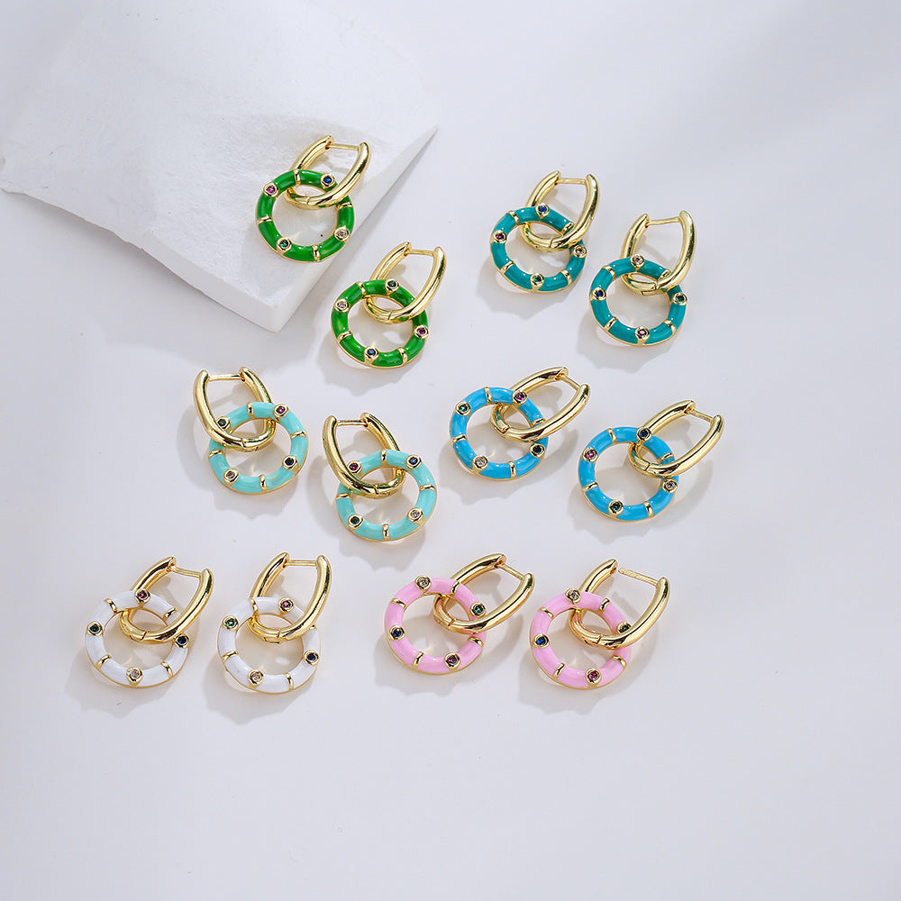 Orecchini Geometri Boho in Rame Placcati Oro 18K con Finitura a Smalto, Dettagli in Strass, Design Fresco e Carino