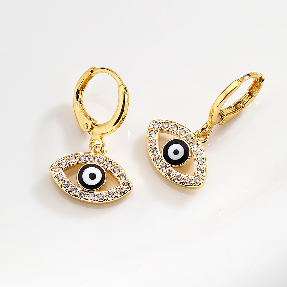 Minimalist Geometric Evil Eye Zircon Earrings for Women with Copper Base and 18K Gold Plating
