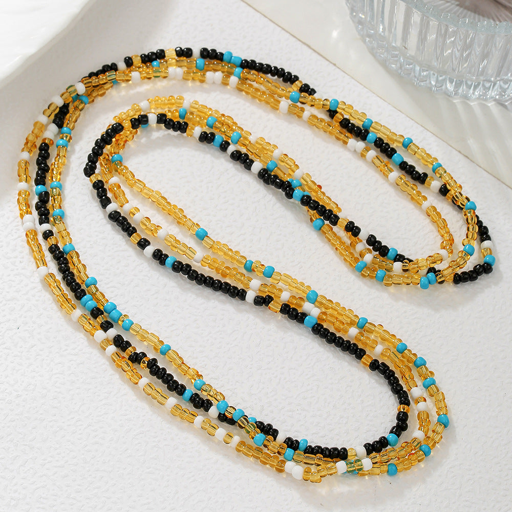 Bohemian Ethnic Geometric Seed Beads Waist Chain with White Crystal Inlay Double Layer Elastic
