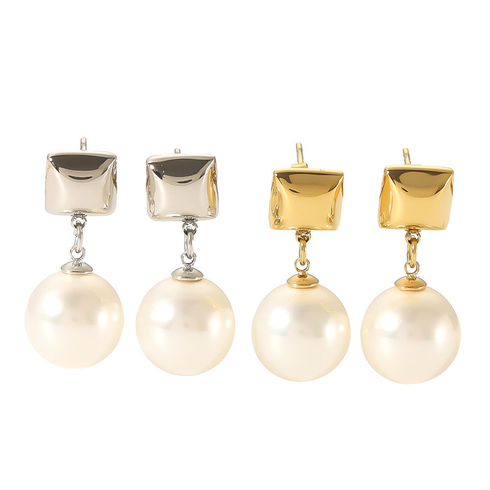 Geometric Rhombus Pearl Earrings in Stainless Steel with 18K Gold Vacuum Plating for Women