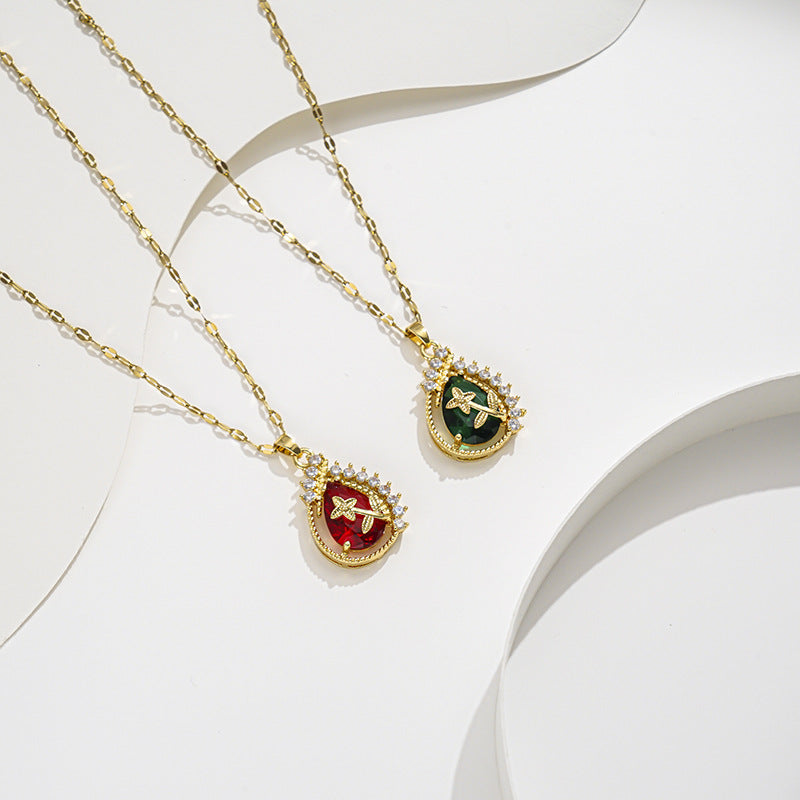 Collana pendente a goccia in acciaio al titanio, fresca e dolce, da donna, con micro-pavé di zirconi e placcatura sottovuoto