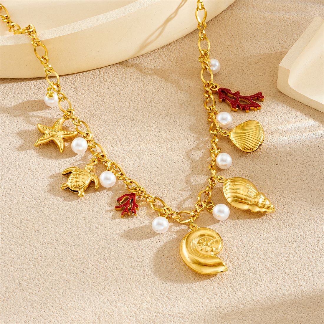 Gold Plated Drip Oil Starfish Shell Coral Pendant Stainless Steel Cable Chain Necklace for Women
