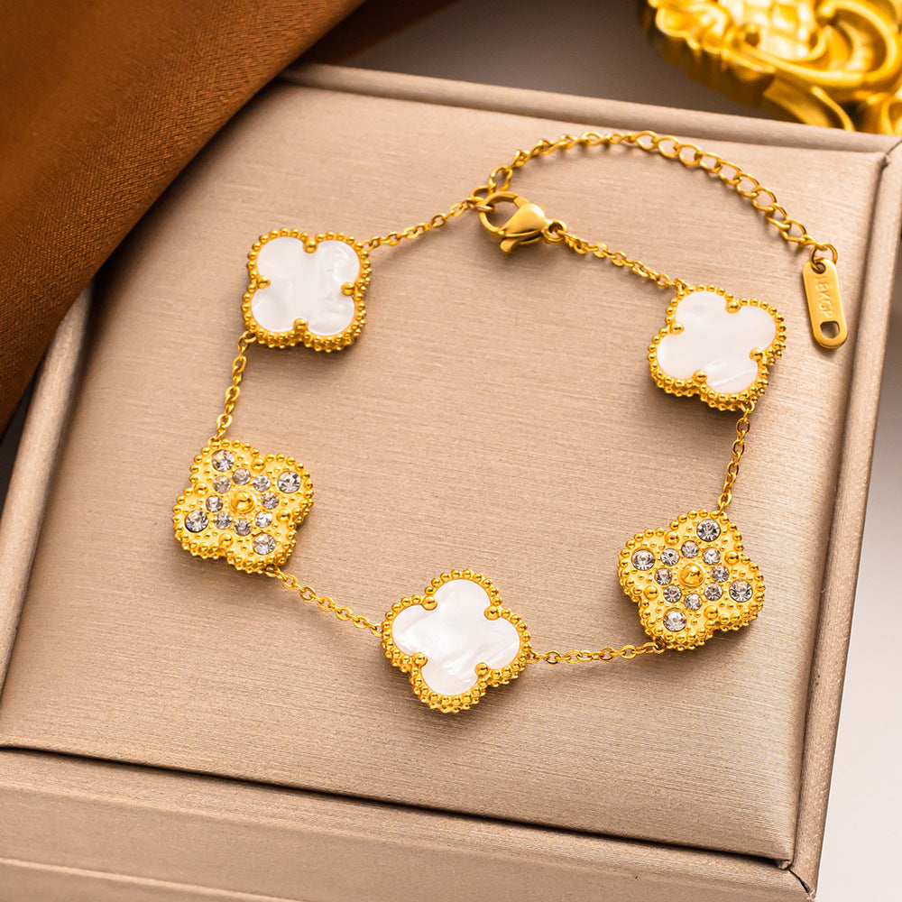 Bracciale Donna Lusso Stile Quadrifoglio in Acciaio al Titanio con Strass e Intarsio in Concha
