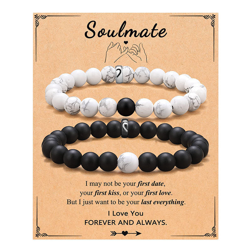 Geometric Black and White Beaded Stainless Steel Bracelet Set for Couples