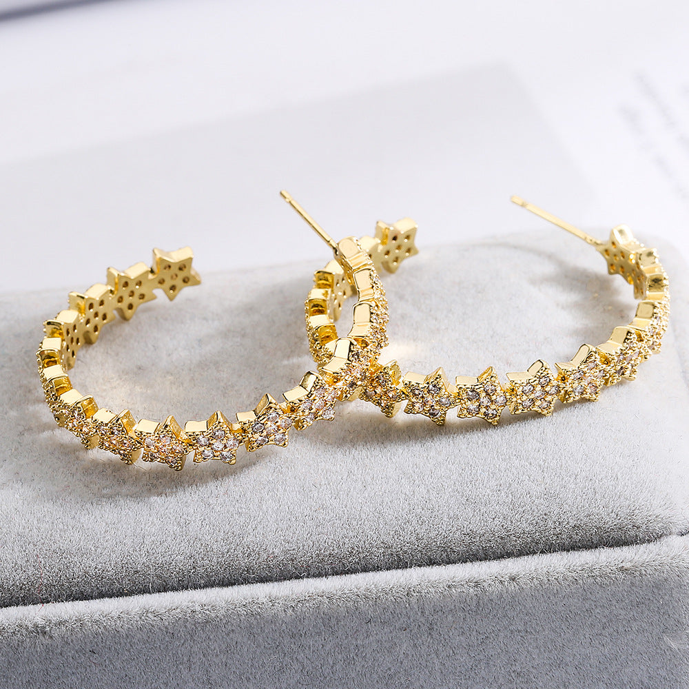 Orecchini minimalisti geometrici a stella e luna da donna in rame con placcatura in oro 18 carati e intarsio di zirconi