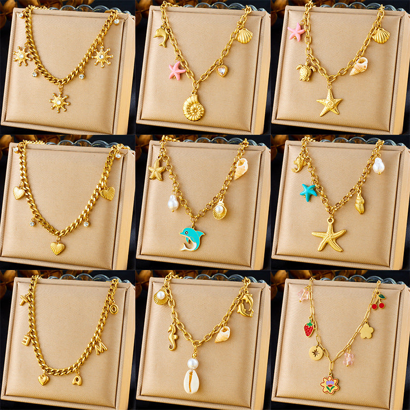 Personality Drip Oil Stainless Steel Dolphin Starfish Pearl Shell Necklace with Thick Chain for Women