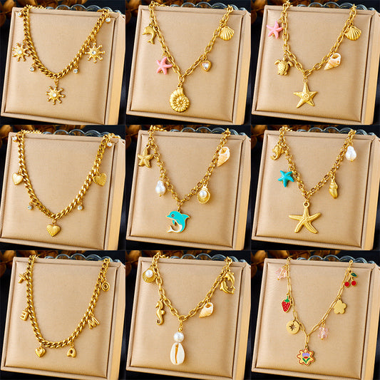 Personality Drip Oil Stainless Steel Dolphin Starfish Pearl Shell Necklace with Thick Chain for Women