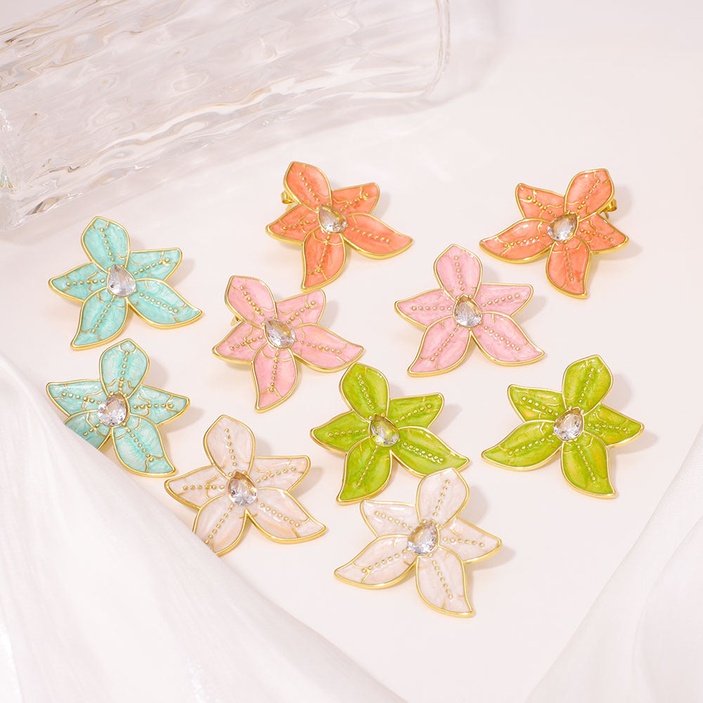 Geometric Style Five-Petal Flower-Shaped Stainless Steel Earrings with Enamel Coloring and Rhinestone Inlay for Women
