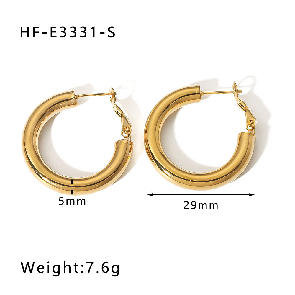 Retro Hip-Hop Minimalist Round Stainless Steel Hollow Hoop Earrings with 18K Gold Plating for Women