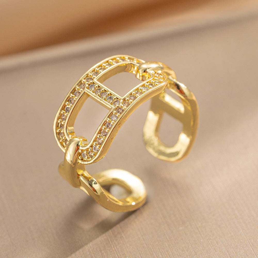Luxury Minimalist Adjustable Open Ring for Women with Gold-Plated Copper Band and Zircon Stone Accent in Heart and Floral Shape