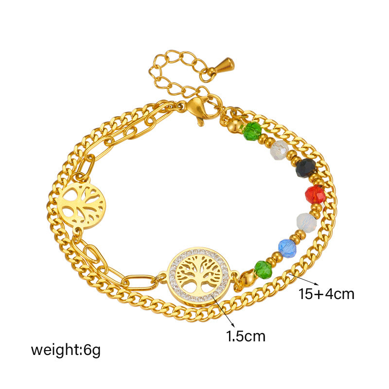 Fashionable Vintage-Style Irregular Round Tree of Life Double-Layer Bracelet in Stainless Steel with Plated Finish