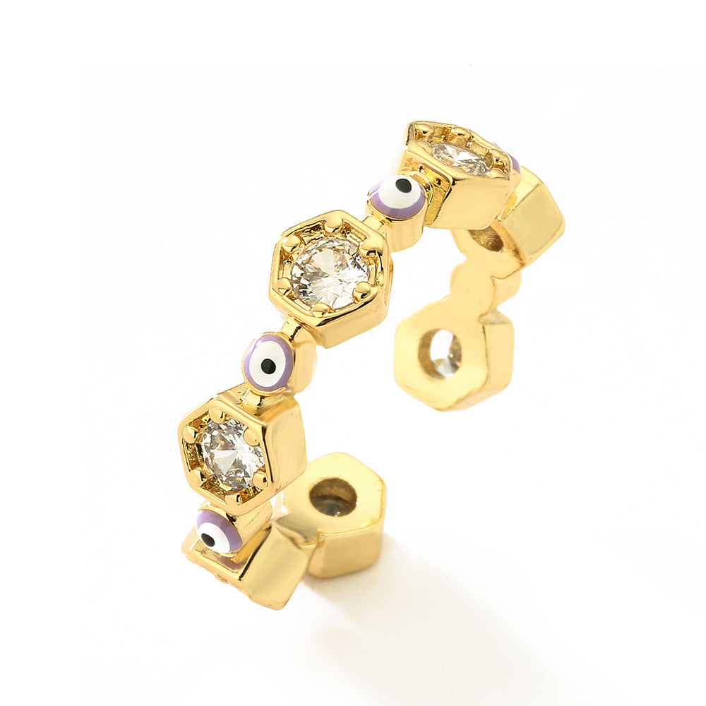 Anello da donna geometrico a forma di occhio, aperto, in rame placcato oro vero con intarsio in zirconi