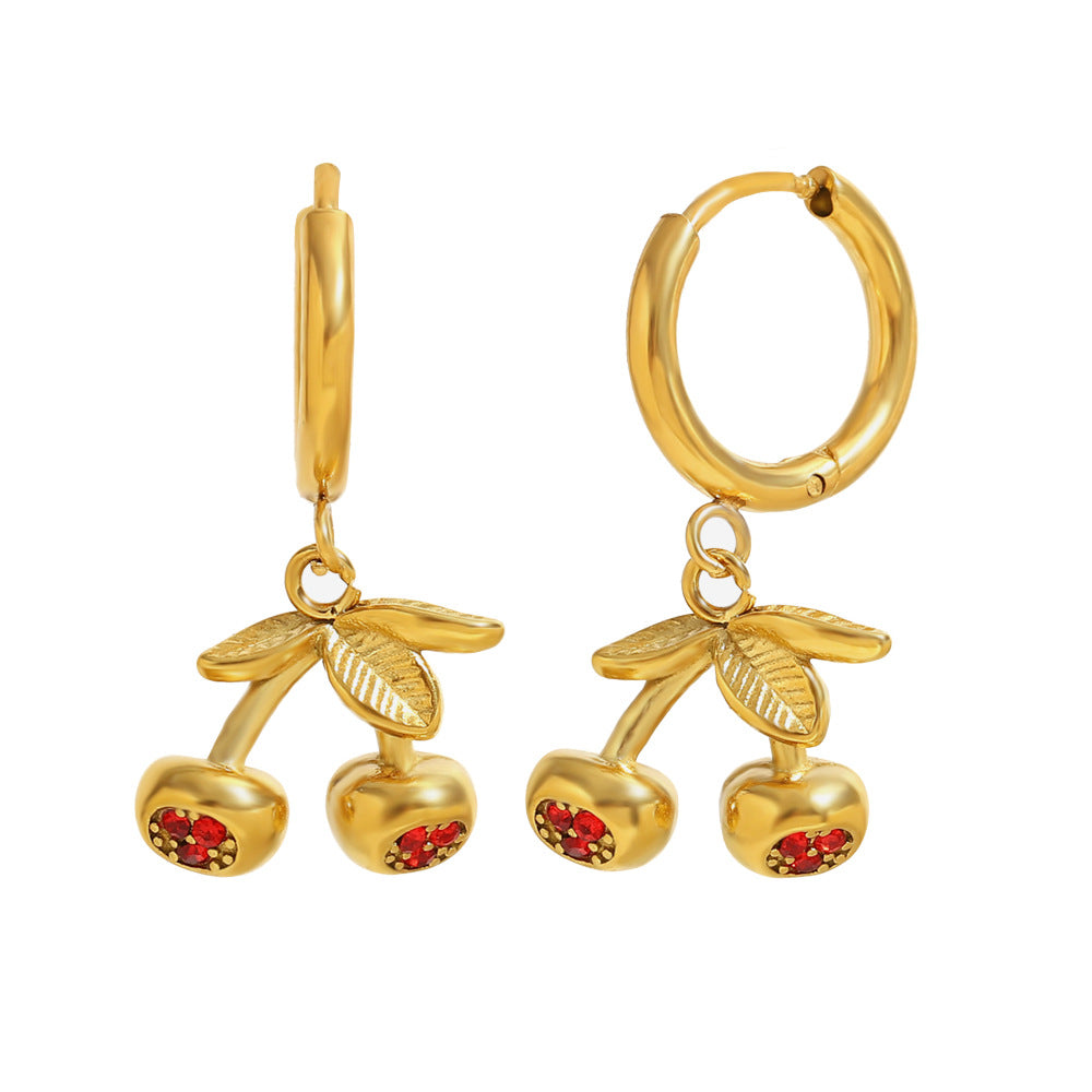 Fashionable Cherry-Shaped Stainless Steel Earrings with 18K Gold Plating and Colorful Rhinestones for Women