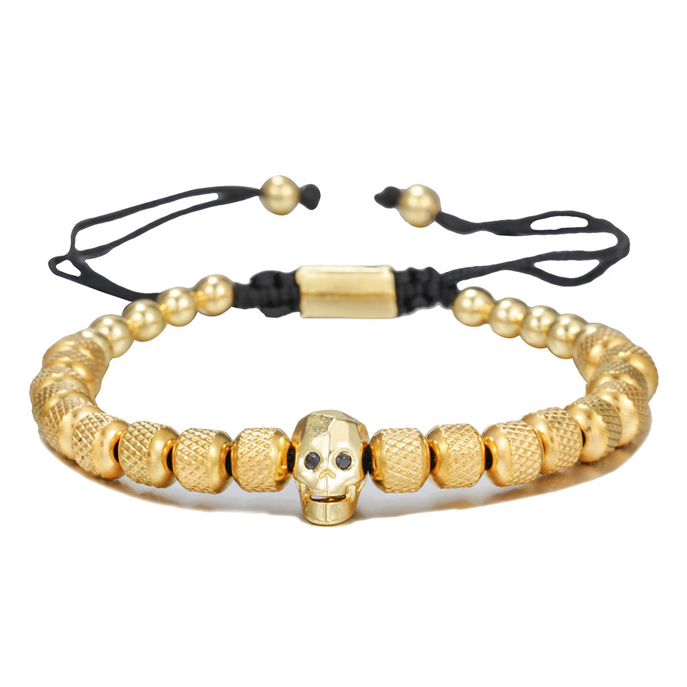 Vintage Gold Plated Titanium Steel Round Geometric Bracelet with Cubic Zirconia Skull Beads