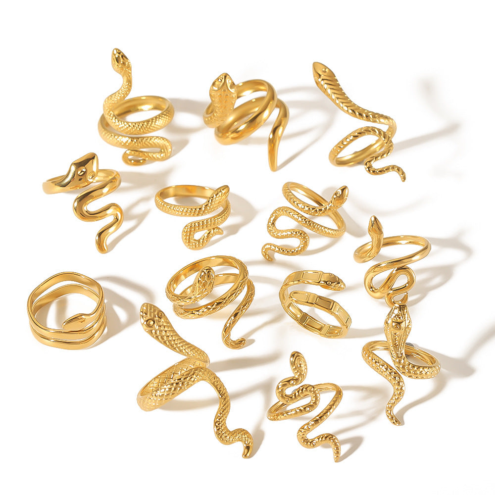 Anello geometrico in acciaio inossidabile a forma di serpente con placcatura in oro 18 carati da donna