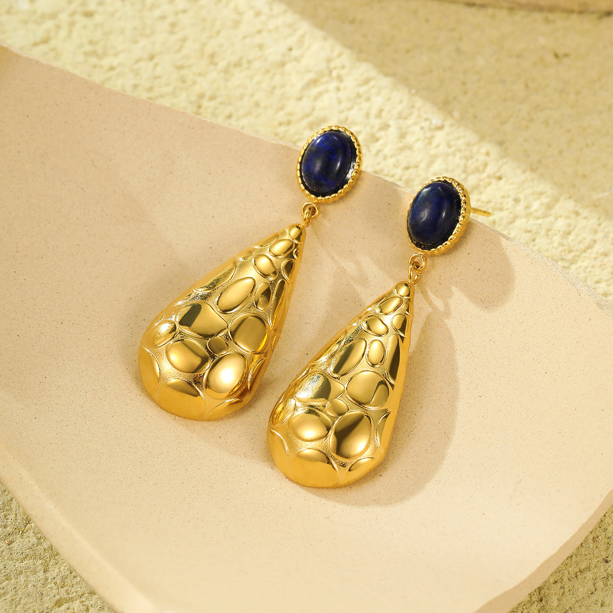 Fashionable Water-Drop-Shaped Stainless Steel Stud Earrings with Natural Stone Inlay and Plated Finish for Women