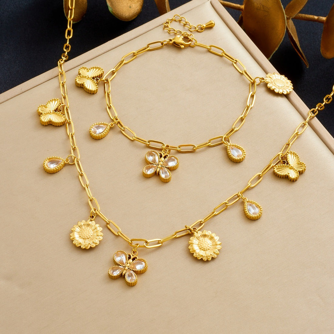 Gold Plated Rhinestone Butterfly Teardrop Pendant Stainless Steel Curb Chain Jewelry Set for Women