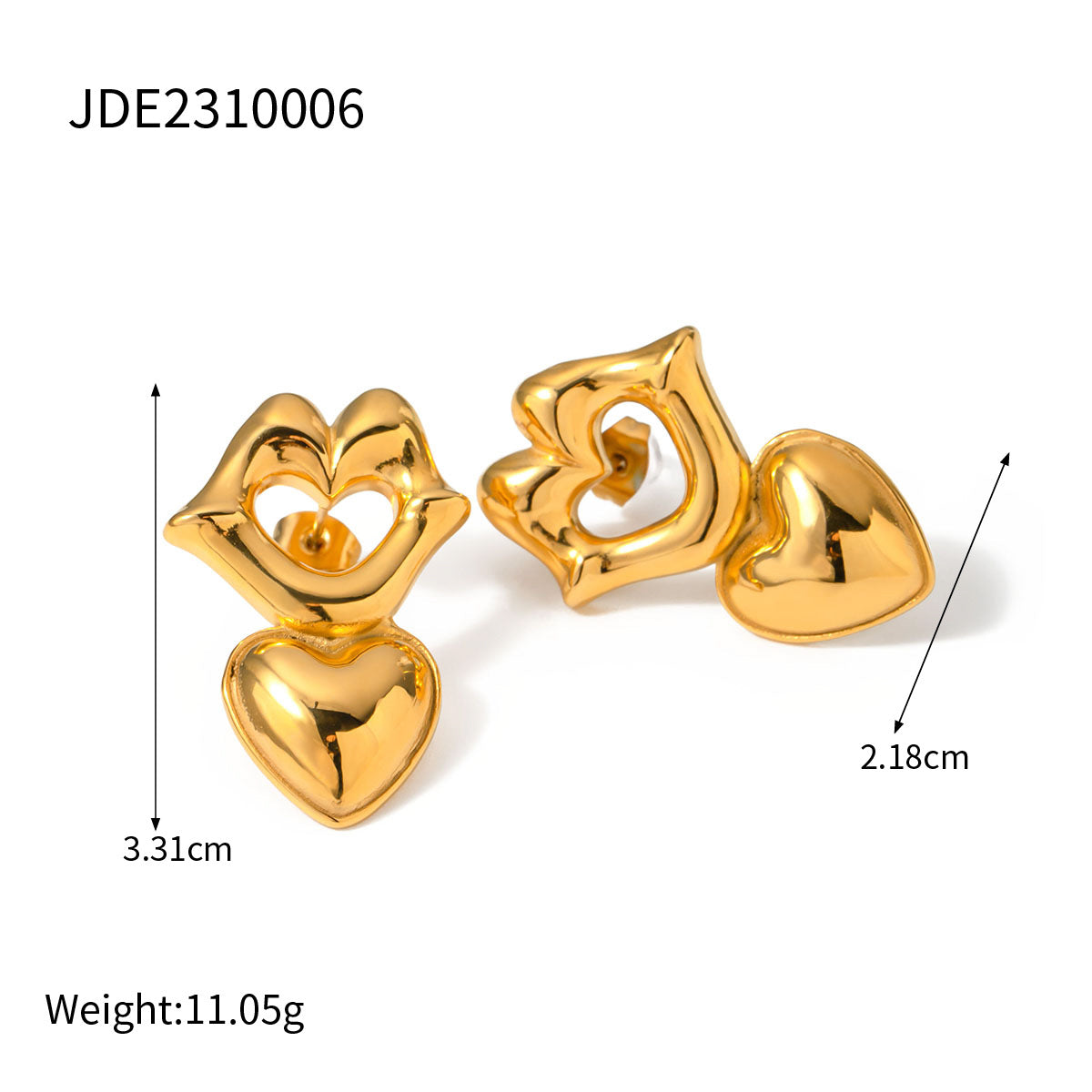 Fashionable 18K Gold Plated Stainless Steel Heart Lip Stud Earrings for Women