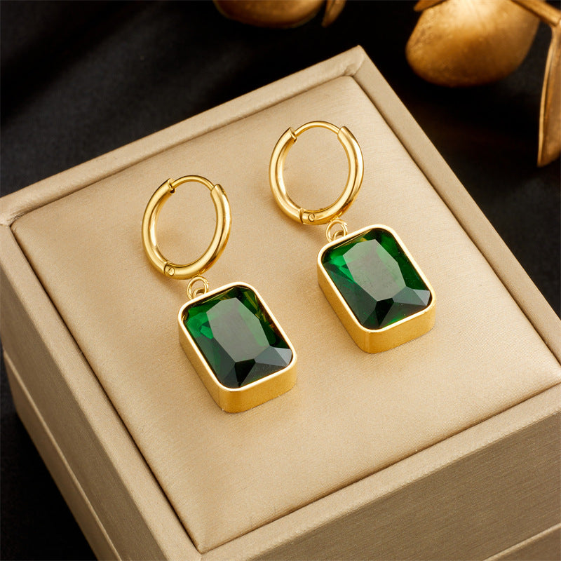 Vintage-Inspired Geometric Green Faceted Gemstone Earrings in Gold-Plated Titanium Steel for Women