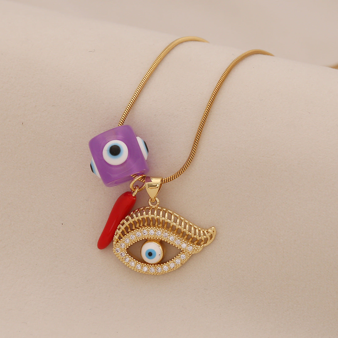 Edgy Eye and Lips Pendant Necklace in Titanium Steel with Plated Finish on Snake Chain for Women