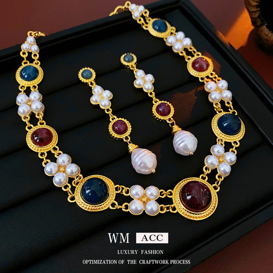 Conjunto de collar con colgante geométrico de estilo vintage y pendientes de borla con detalles de perlas de imitación y componentes de aleación chapados en oro para mujer