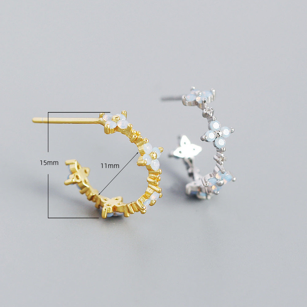 Sweet and Edgy Floral Clover-Shaped S925 Sterling Silver Stud Earrings with Milky White Stone Accents