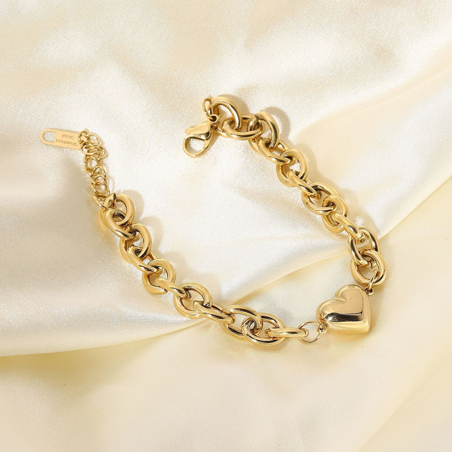INS Style Geometric Heart Pendant Bracelet in Stainless Steel with 14K Gold Plating for Women