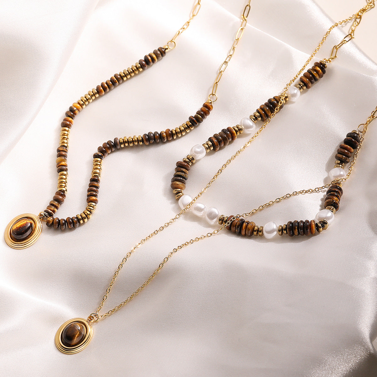Minimalist Geometric Tiger Eye Beaded Double Layer Necklace in Stainless Steel for Women