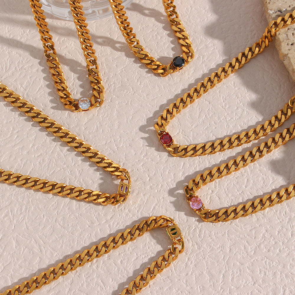 Fashion Geometric 18K Gold Plated Stainless Steel Cuban Chain Necklace with Round Zircon for Women