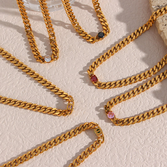 Fashion Geometric 18K Gold Plated Stainless Steel Cuban Chain Necklace with Round Zircon for Women
