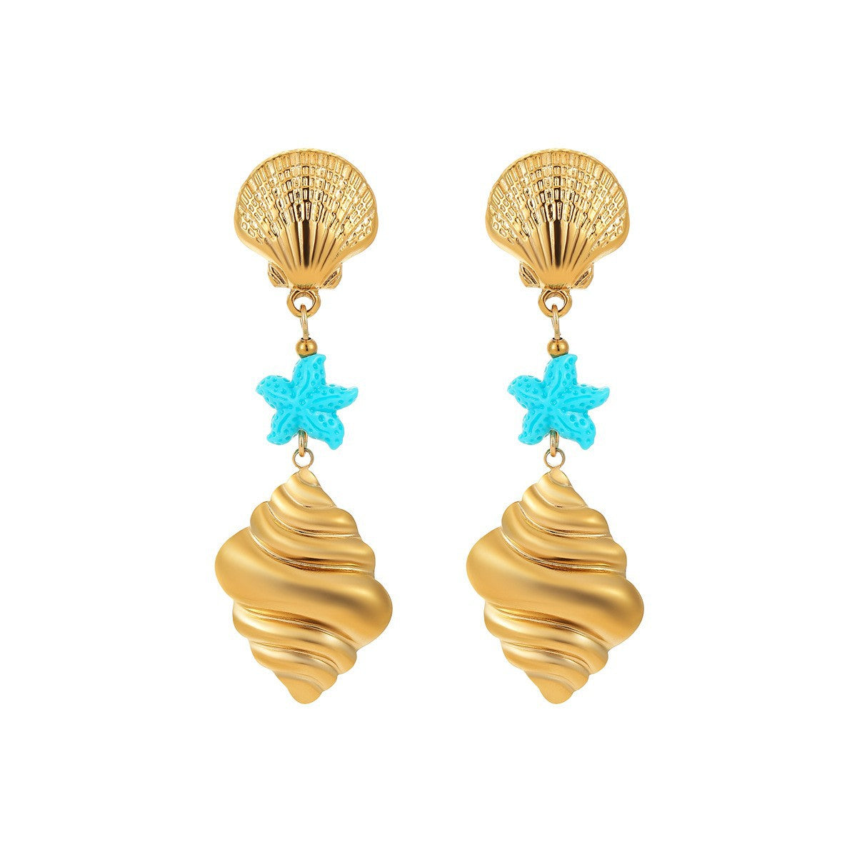 Pendientes de acero inoxidable en forma de estrella y concha, estilo minimalista de moda con acabado chapado para mujer