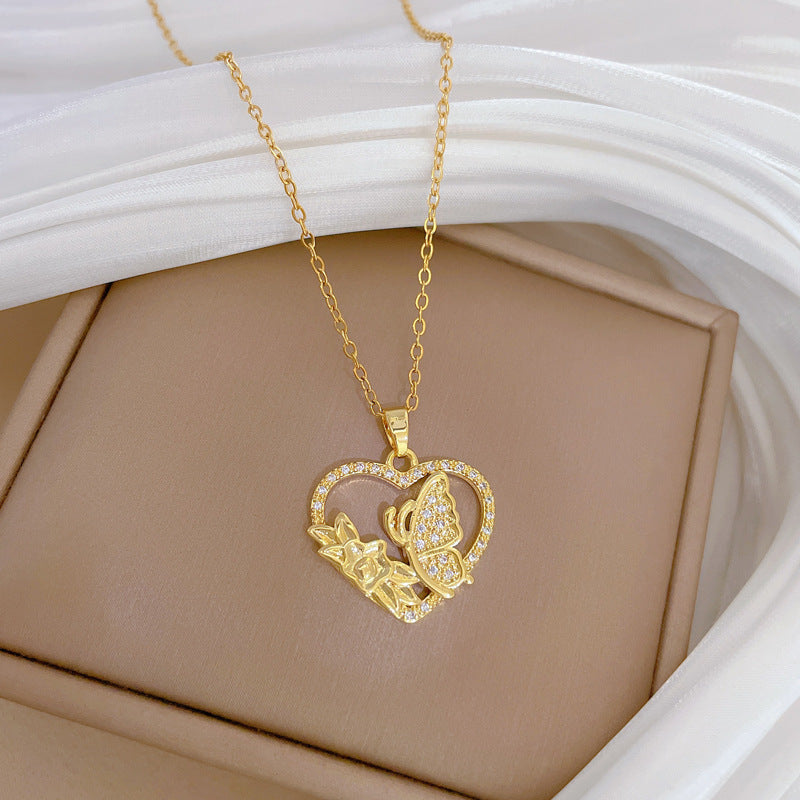 Sweet Minimalist Heart Butterfly Rhinestone Titanium Steel Necklace for Unisex