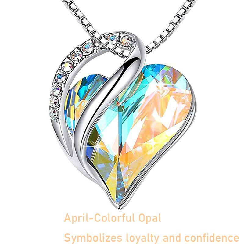 Elegant Heart Shape Alloy Inlaid Crystal Gemstone Necklace with Box Chain for Women