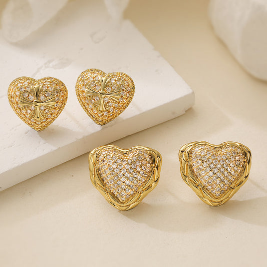 Minimalist Vintage 18K Gold Plated Brass Heart Cubic Zirconia Stud Earrings for Women