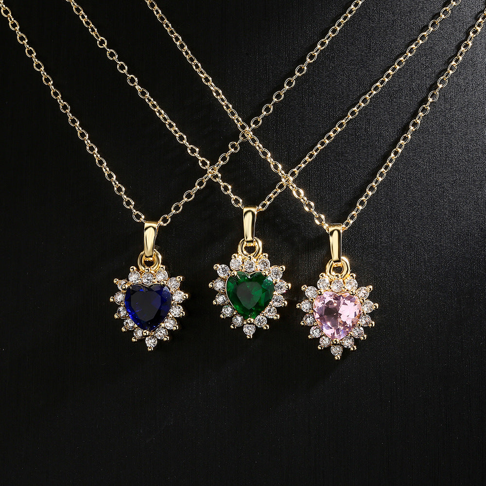 Luxury Geometric Heart Pendant Necklace 18K Gold Plated Copper Micro Paved Zircon Women