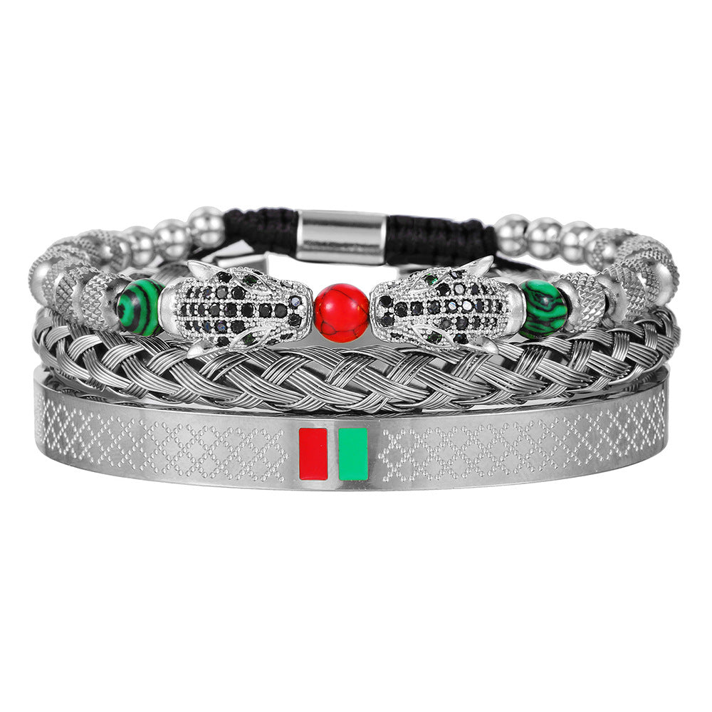 Leopard Print Geometric Stainless Steel Plated Bracelet with Gemstone Inlay for Unisex