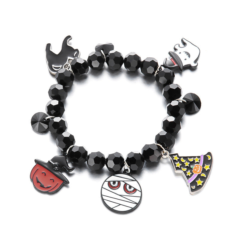 Pulsera de aleación con diseño de gato negro y calavera, temática de Halloween, con cuentas geométricas estilo gótico